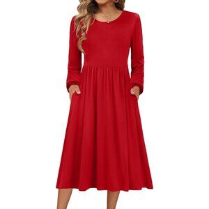 Zeagoo Women Red Long Sleeve Flowy A-Line Boho Long Dress with Pockets